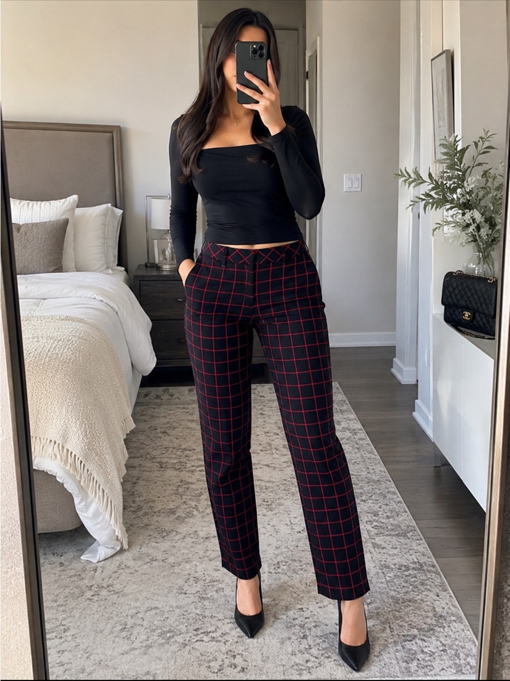 White House Black Market Black Straight-Leg Pants with Red Windowpane